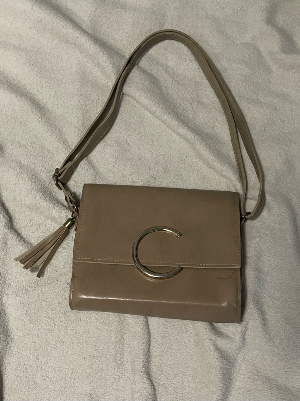 Taupe Shoulder Bag with Tassel Accent